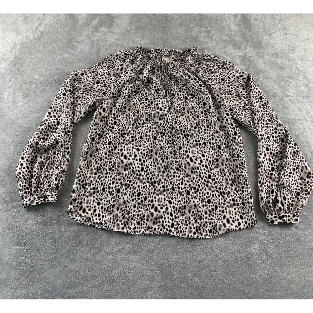 A New Day Womens Leopard Print Smocked Ruffle Neck Long Sleeve Blouse Small BK
